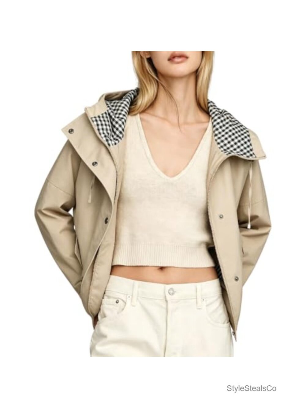 Womens Oversize Trench Coat Plaid Lining Hooded Zip Up Windbreaker